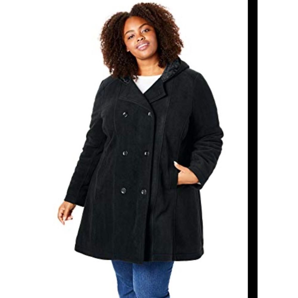 Woman Within Black Fleece Double Breasted Hooded Coat Jacket 36W - Picture 1 of 11